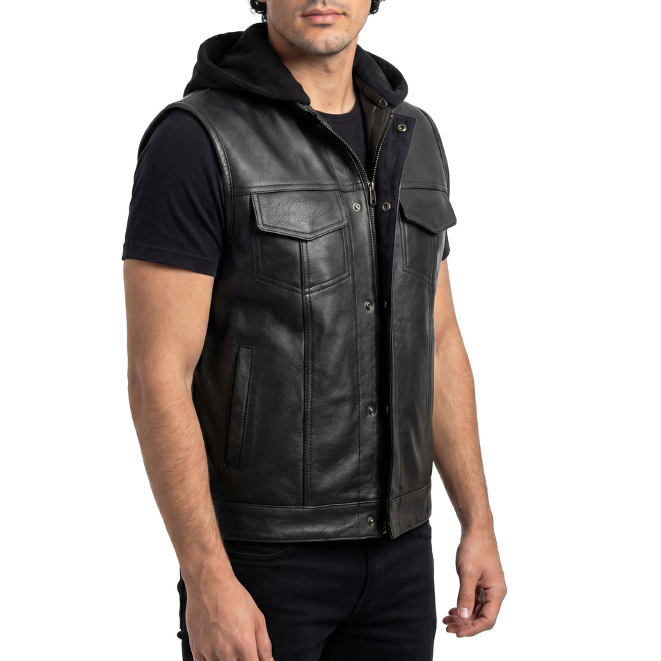 VL914H - Vance Mens Black Premium Cowhide Leather Motorcycle Biker SOA Style Club Vest with Hoodie