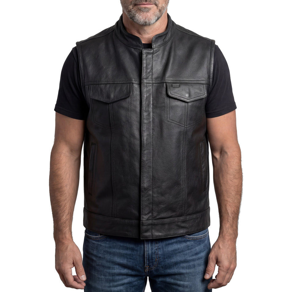 VL914 - Mens Premium Black Cowhide Zipper and Snap Closure Concealed Carry SOA Style Leather Biker Motorcycle Vest