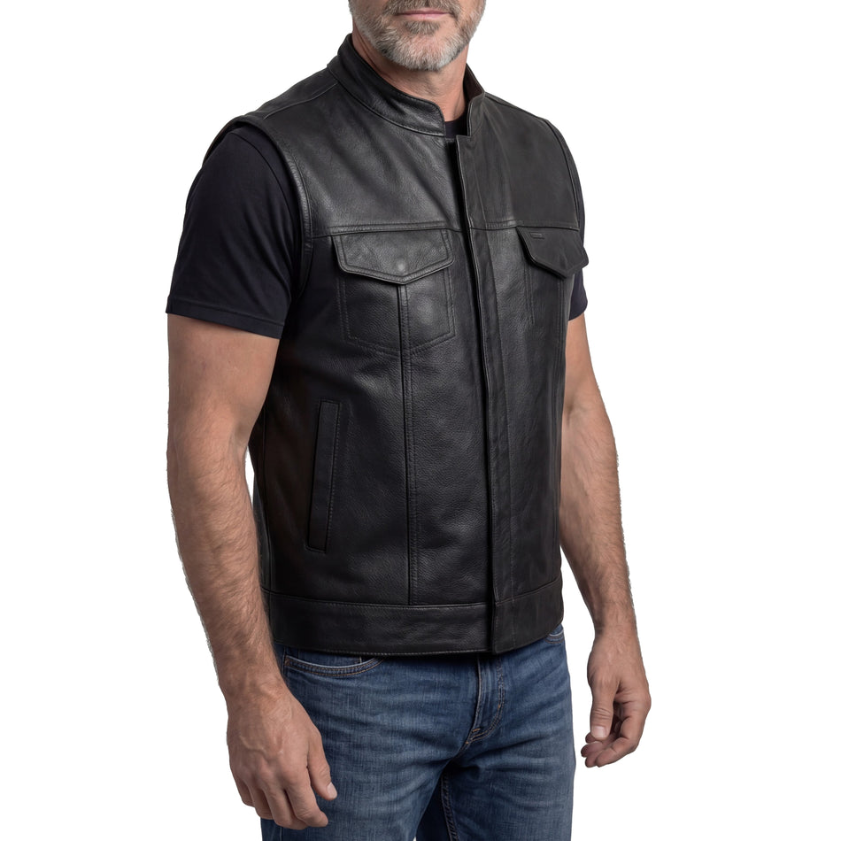 VL914 - Mens Premium Black Cowhide Zipper and Snap Closure Concealed Carry SOA Style Leather Biker Motorcycle Vest