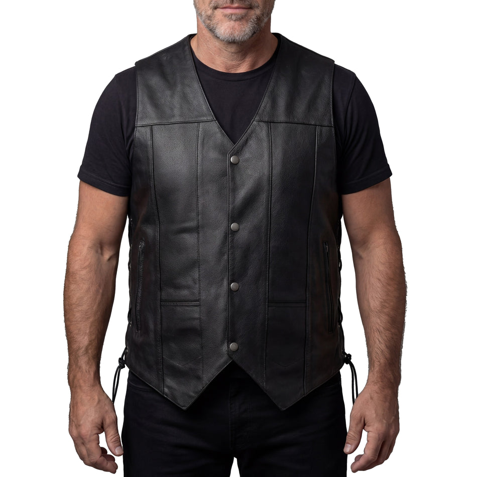 VL915 - Vance Men's Black Premium Cowhide Ten Pocket Leather Vest