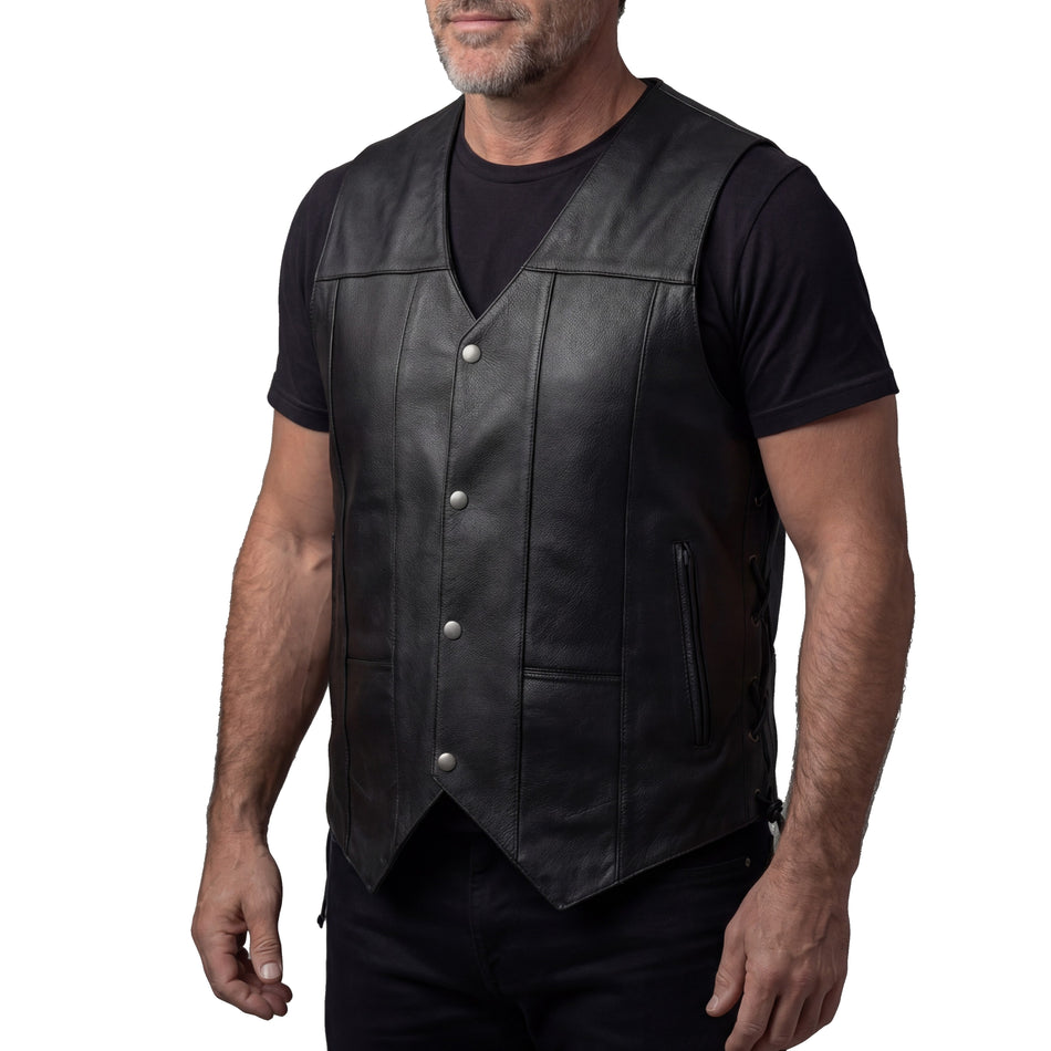 VL915 - Vance Men's Black Premium Cowhide Ten Pocket Leather Vest