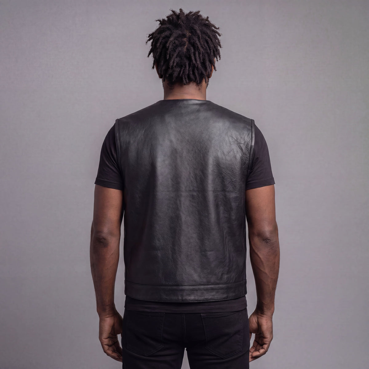 VL919 - Mens Black Premium Cowhide Leather Motorcycle Vest With Quick Access Conceal Carry Pockets - back pose
