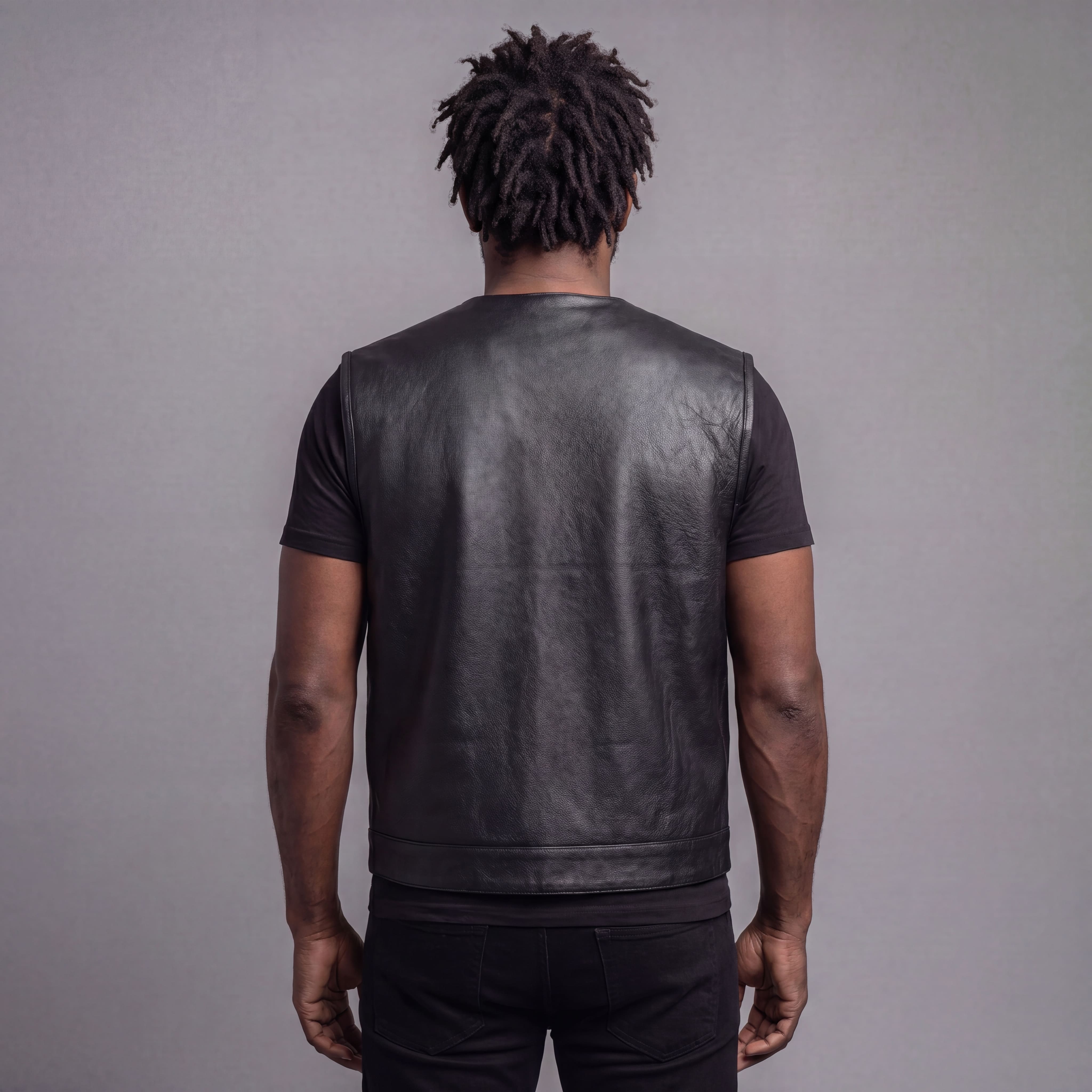 VL919 - Mens Black Premium Cowhide Leather Motorcycle Vest With Quick Access Conceal Carry Pockets - back pose
