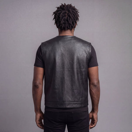 VL919 - Mens Black Premium Cowhide Leather Motorcycle Vest With Quick Access Conceal Carry Pockets - back pose