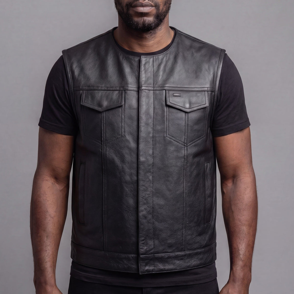 VL919 - Mens Black Premium Cowhide Leather Motorcycle Vest With Quick Access Conceal Carry Pockets - front pose