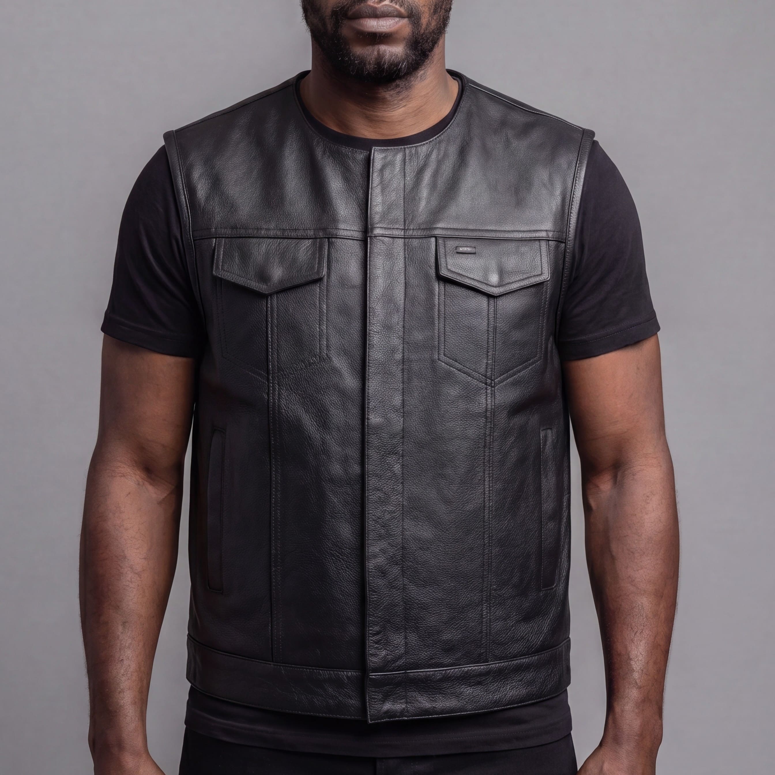VL919 - Mens Black Premium Cowhide Leather Motorcycle Vest With Quick Access Conceal Carry Pockets - front pose