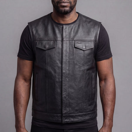 VL919 - Mens Black Premium Cowhide Leather Motorcycle Vest With Quick Access Conceal Carry Pockets - front pose