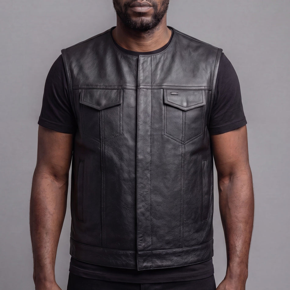 VL919 - Mens Black Premium Cowhide Leather Motorcycle Vest With Quick Access Conceal Carry Pockets - front pose