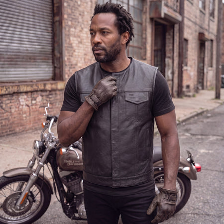 VL919 - Mens Black Premium Cowhide Leather Motorcycle Vest With Quick Access Conceal Carry Pockets - pic