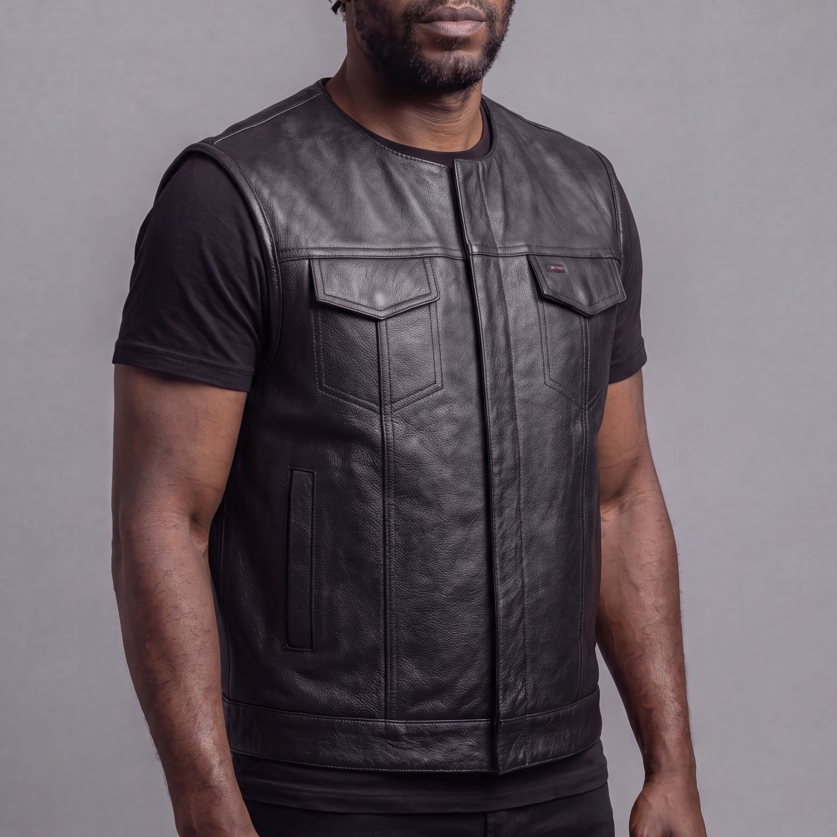 VL919 - Mens Black Premium Cowhide Leather Motorcycle Vest With Quick Access Conceal Carry Pockets - side pose