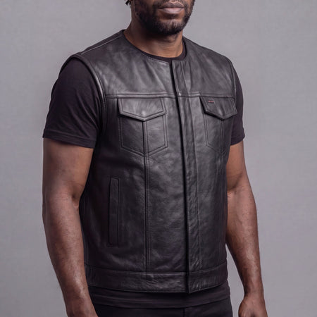 VL919 - Mens Black Premium Cowhide Leather Motorcycle Vest With Quick Access Conceal Carry Pockets - side pose