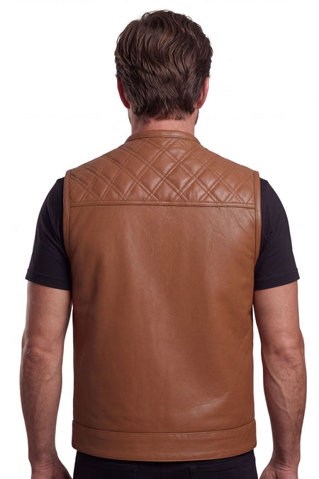 Men's Cognac Brown Leather Motorcycle Riding Club Vest, Diamond Quilted Biker Cut with CCW Pockets - back view