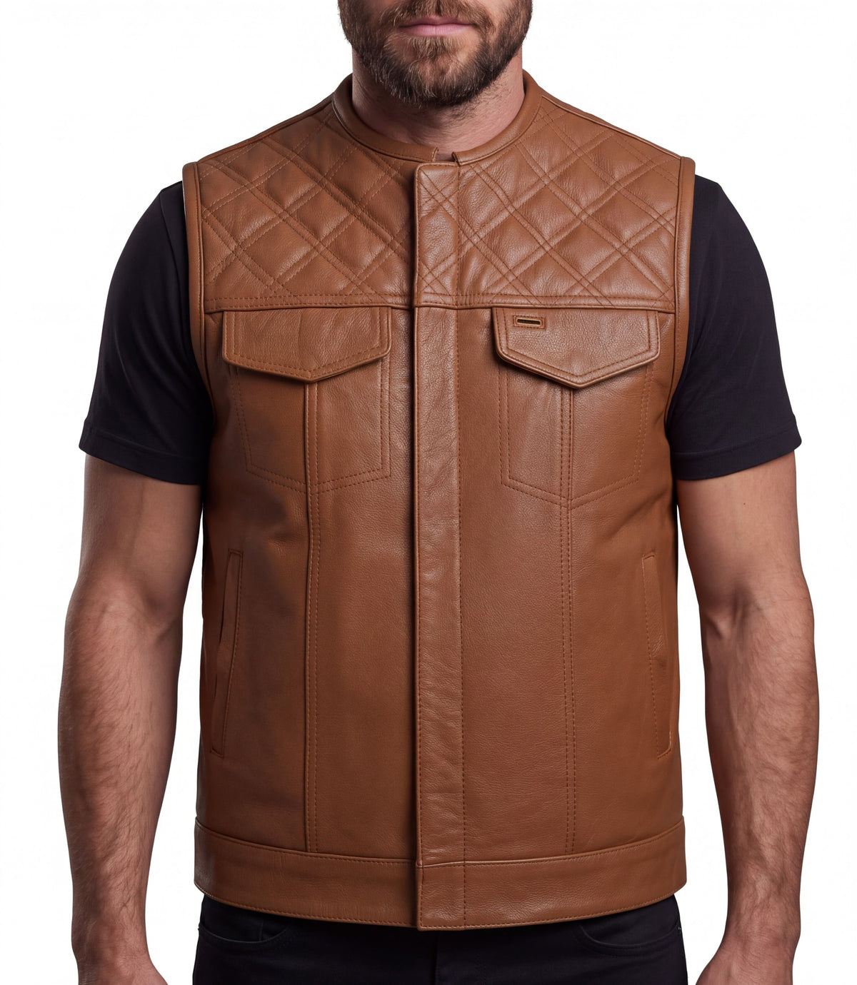 Men's Cognac Brown Leather Motorcycle Riding Club Vest, Diamond Quilted Biker Cut with CCW Pockets - front view
