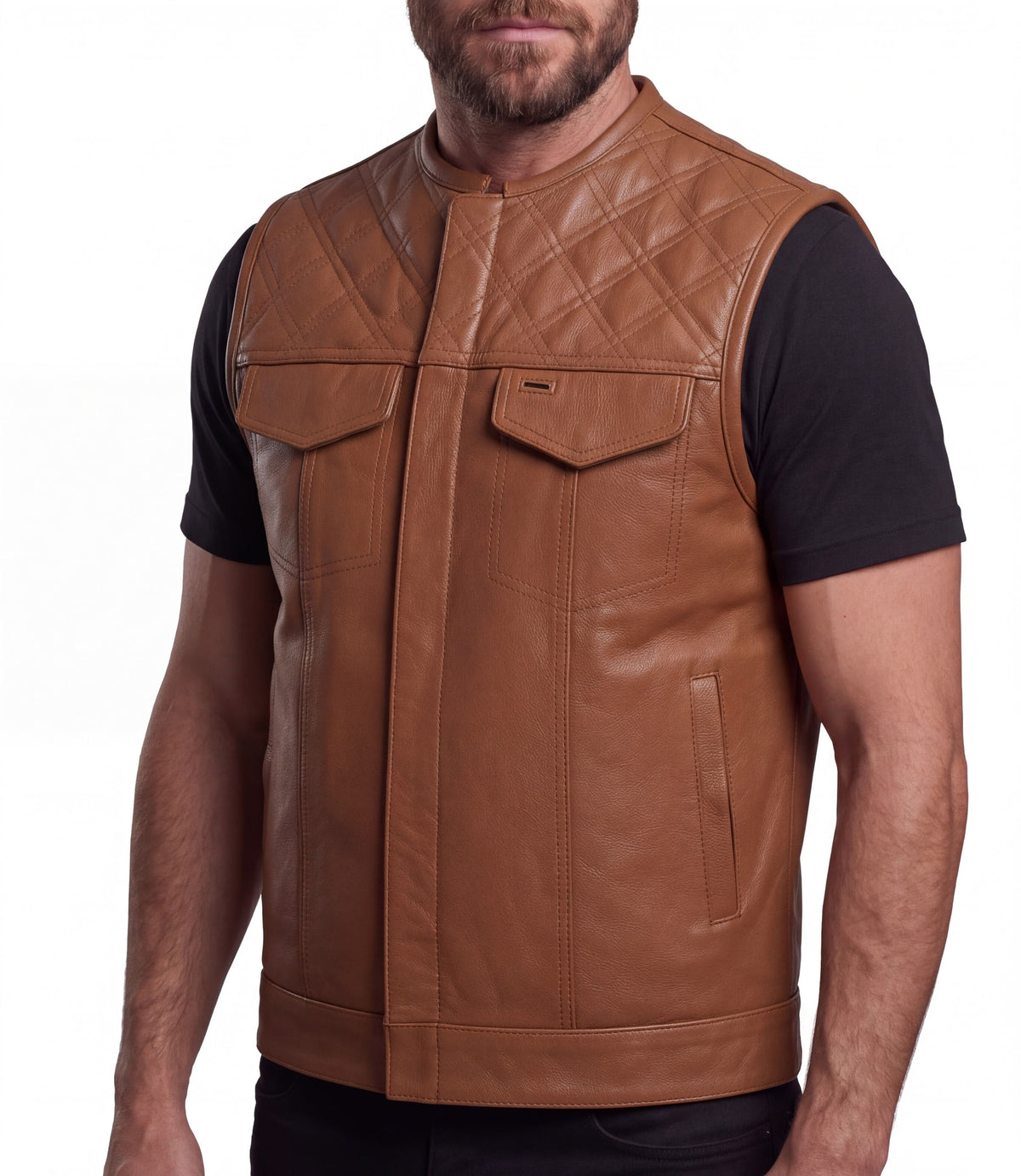 Men's Cognac Brown Leather Motorcycle Riding Club Vest, Diamond Quilted Biker Cut with CCW Pockets - side view