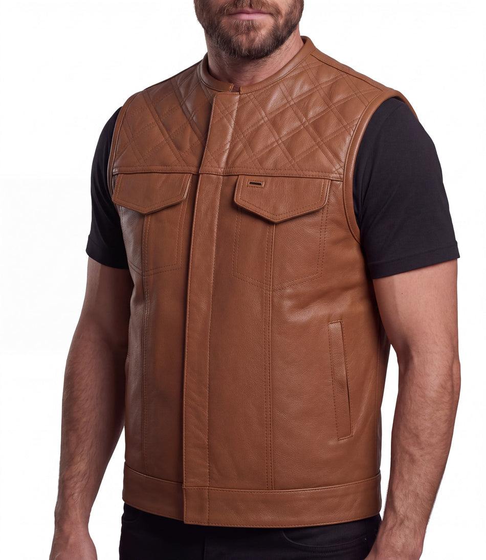 Men's Cognac Brown Leather Motorcycle Riding Club Vest, Diamond Quilted Biker Cut with CCW Pockets - side view