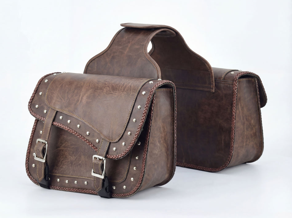 VS205DBS - Vance Distressed Brown Studded Concealed Carry Motorcycle Saddlebags for Honda Yamaha Kawasaki Indian and Harley Davidson Motorcycles