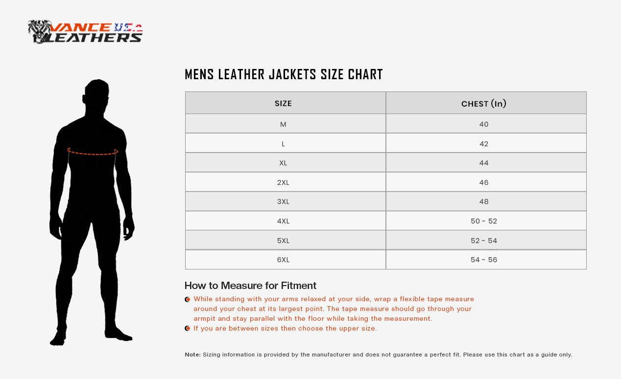 VL510-Vance-Leathers-Mens-Top-Performer Motorcycle-Leather-Jacket-Double-Conceal-Carry-Pockets-Vance-Leather-sizechart