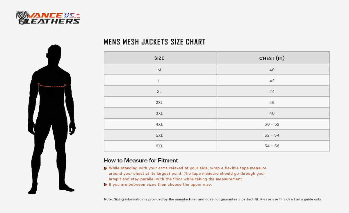 Advance Vance VL1622B Mens All Weather Season CE Armor Mesh Motorcycle Jacket - Sizechart