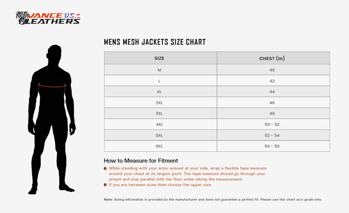 Advance Vance VL1624B Men's All Weather Season CE Armor Mesh Motorcycle Jacket - size chart