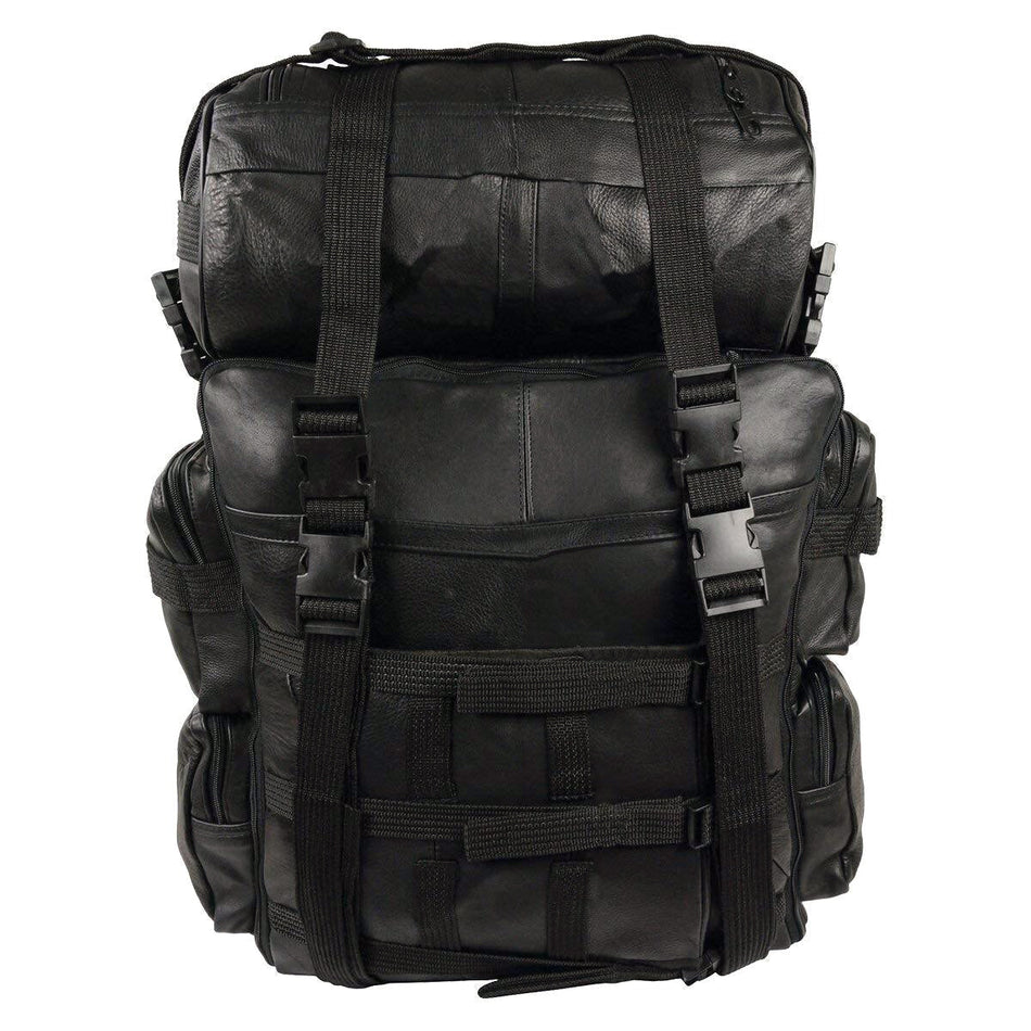 Vance VS321L Expandable Black Leather Motorcycle Sissy Bar Bag with Rain Cover