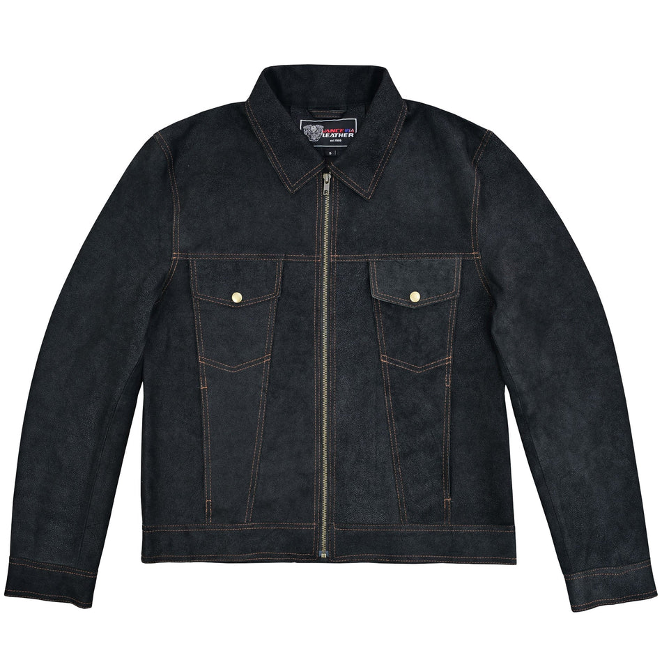 VL570B - Rancher Goat Suede Trucker Black Leather Jacket