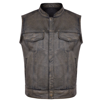 High Mileage HMM914DB Mens Premium Cowhide Distressed Brown SOA Style Biker Club Leather Motorcycle Vest