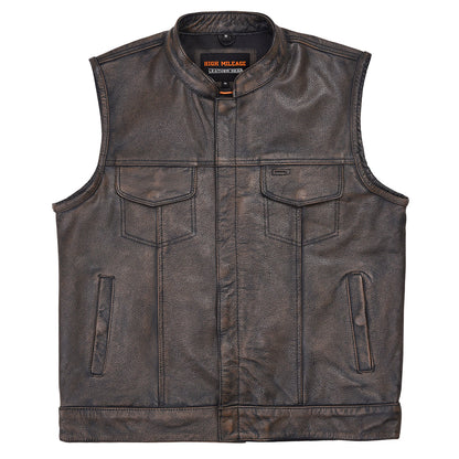 High Mileage HMM914DB Mens Premium Cowhide Distressed Brown SOA Style Biker Club Leather Motorcycle Vest
