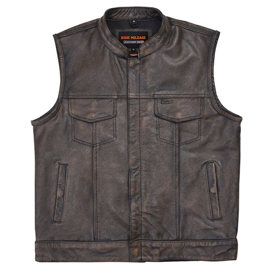 High Mileage HMM914DB Mens Premium Cowhide Distressed Brown SOA Style Biker Club Leather Motorcycle Vest