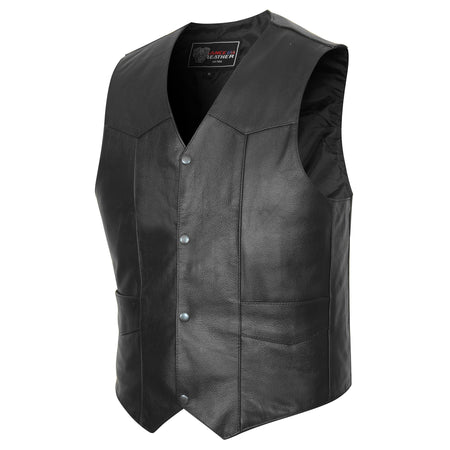 Vance Men's plain side cowhide leather biker vest showing V-neck and Western yoke seam