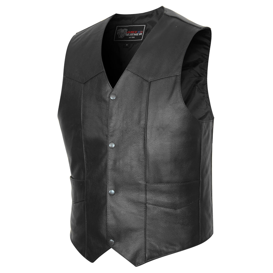 Vance Men's plain side cowhide leather biker vest showing V-neck and Western yoke seam