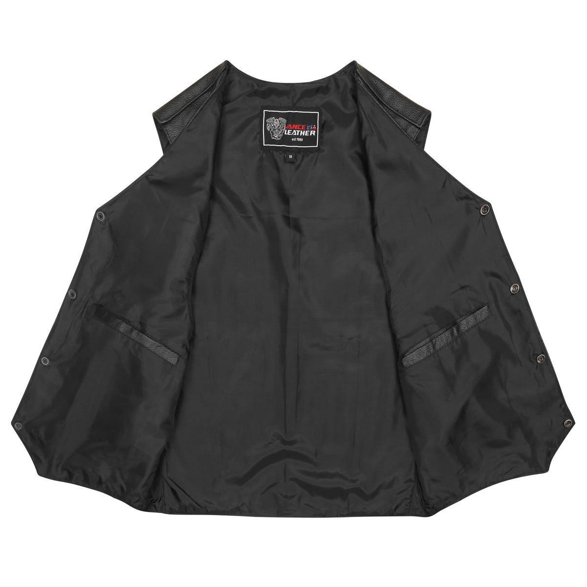 Interior polyester lining and dual inside storage pockets of Vance cowhide leather riding vest