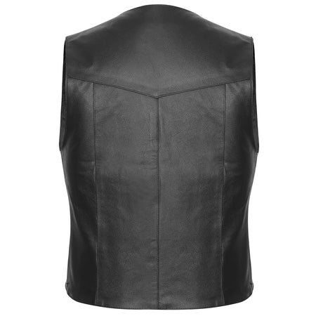 Back view of Vance plain side cowhide leather vest with clean panel ready for club patches