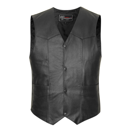 Front view of Vance Men's High Quality Cowhide Leather Plain Side Motorcycle Vest with 4-snap closure
